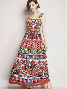 Lai Meng Five Cats Maxi Dress M Bold Retro Floral Geometric Print Colorful State